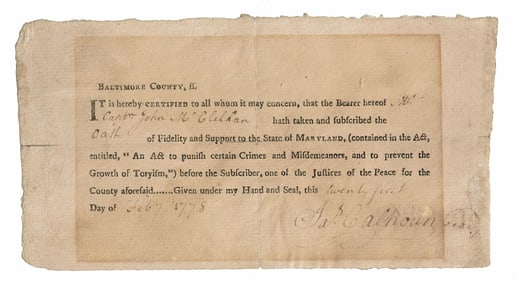 Revolutionary War Patriot James Calhoun Signed Oath of Fidelity, 1778 Maryland