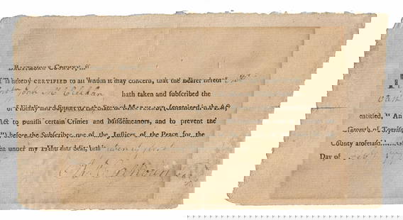 Revolutionary War Patriot James Calhoun Signed Oath of Fidelity, 1778 Maryland: Revolutionary WarBaltimore, MD, February 21, 1778Revolutionary War Patriot James Calhoun Signed Oath of Fidelity, 1778 MarylandPartially Printed DSRevolutionary War. James Calhoun (1743-1816). Partial