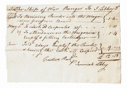 Continental Navy Ship of War Ranger, 1779 Bill for "Receiving Powder into the Magazine from on