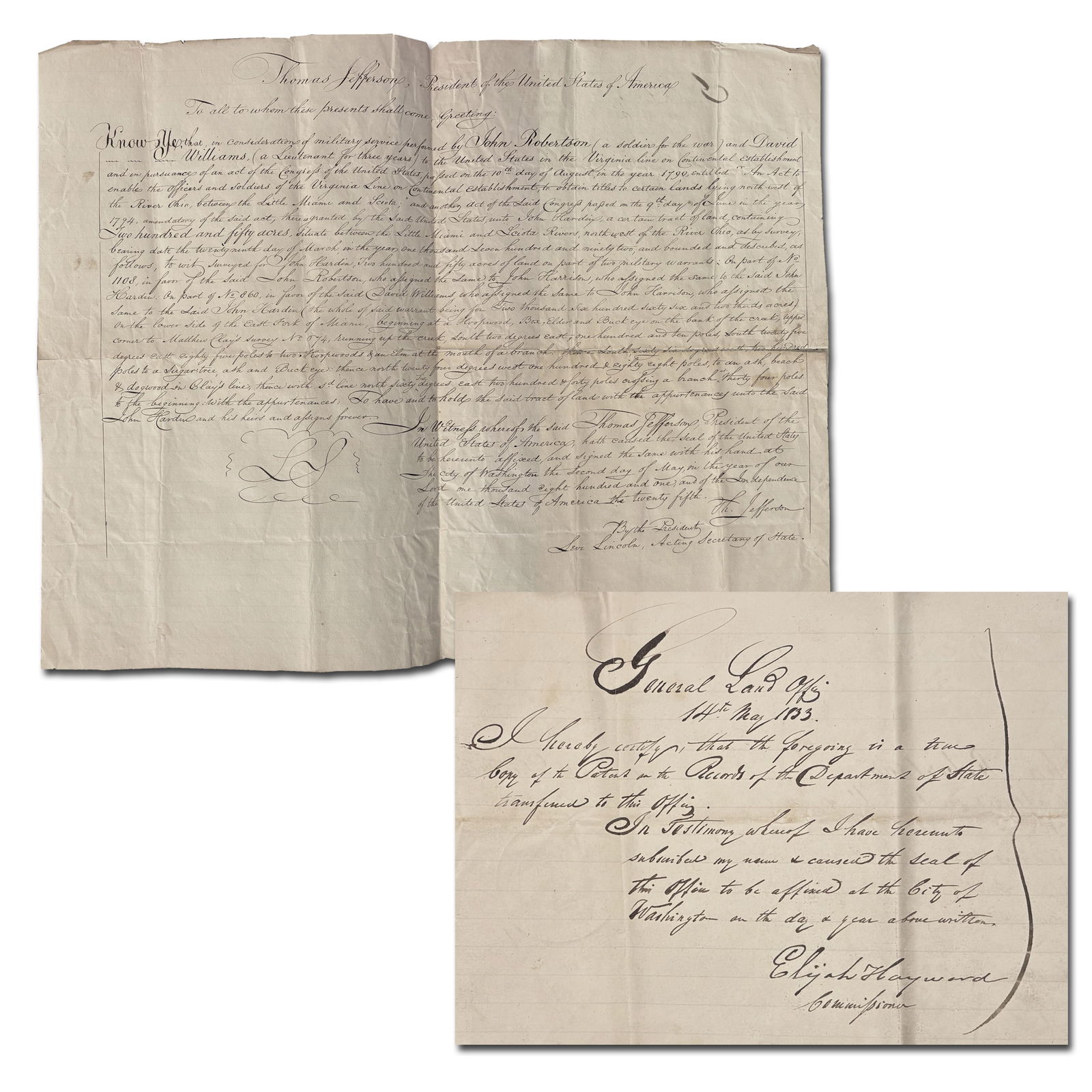 Elijah Hayward 1833 Certified Secretarial Copy of 1801 Thomas Jefferson Land Grant (1 of 4)