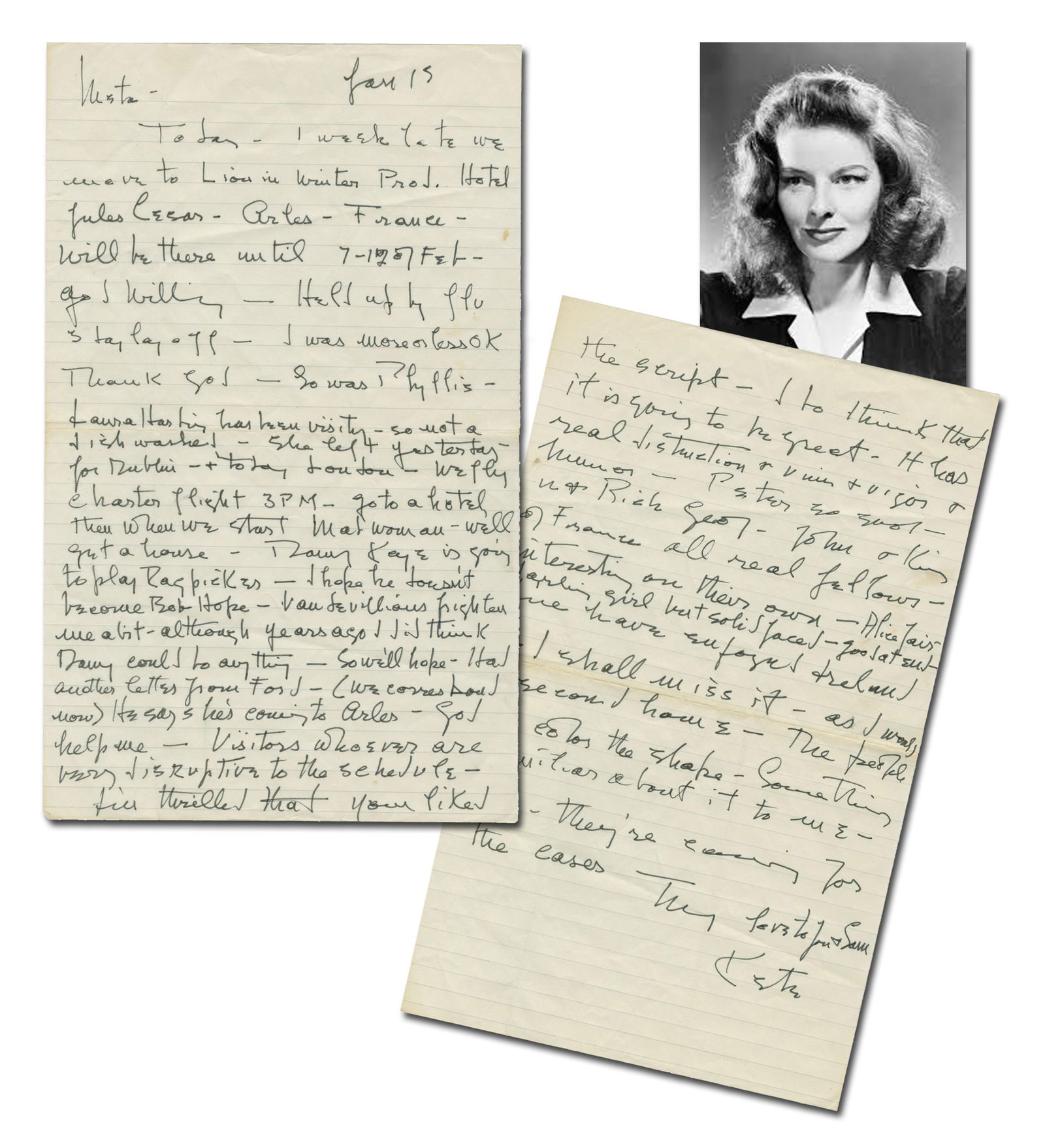 Katharine Hepburn Hollywood Content ALS Mentioning Danny Kaye, Bob Hope, John Ford, Peter O'Toole, &: Katharine Hepburn[Ireland], January 15, [1968]Katharine Hepburn Hollywood Content ALS Mentioning Danny Kaye, Bob Hope, John Ford, Peter O'Toole, & Others!ALSKatharine Hepburn (1907-2003). Autograph Le