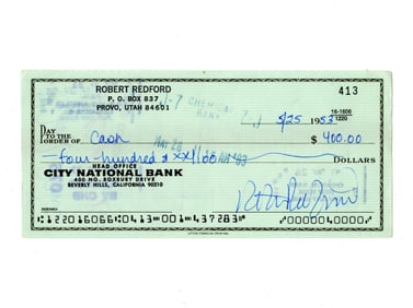 Robert Redford Signed Check Made Out for Cash