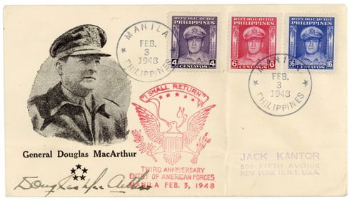 Douglas MacArthur 1948 Signed Cover, Honors 3rd Anniversary US Entry into Philippines