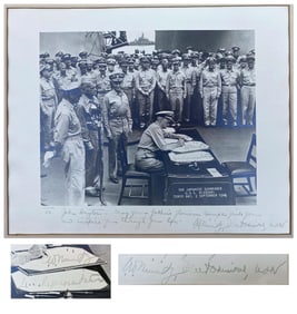 Chester Nimitz 2x Signed Large Photo of Japanese Surrender Aboard U.S.S. Missouri