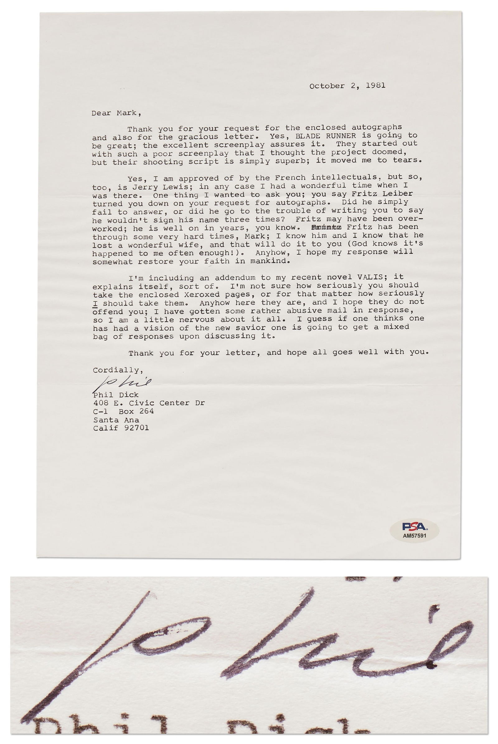 Philip K. Dick Very Rare TLS to a Fan Re: "Blade Runner," With PSA LOA (1 of 4)