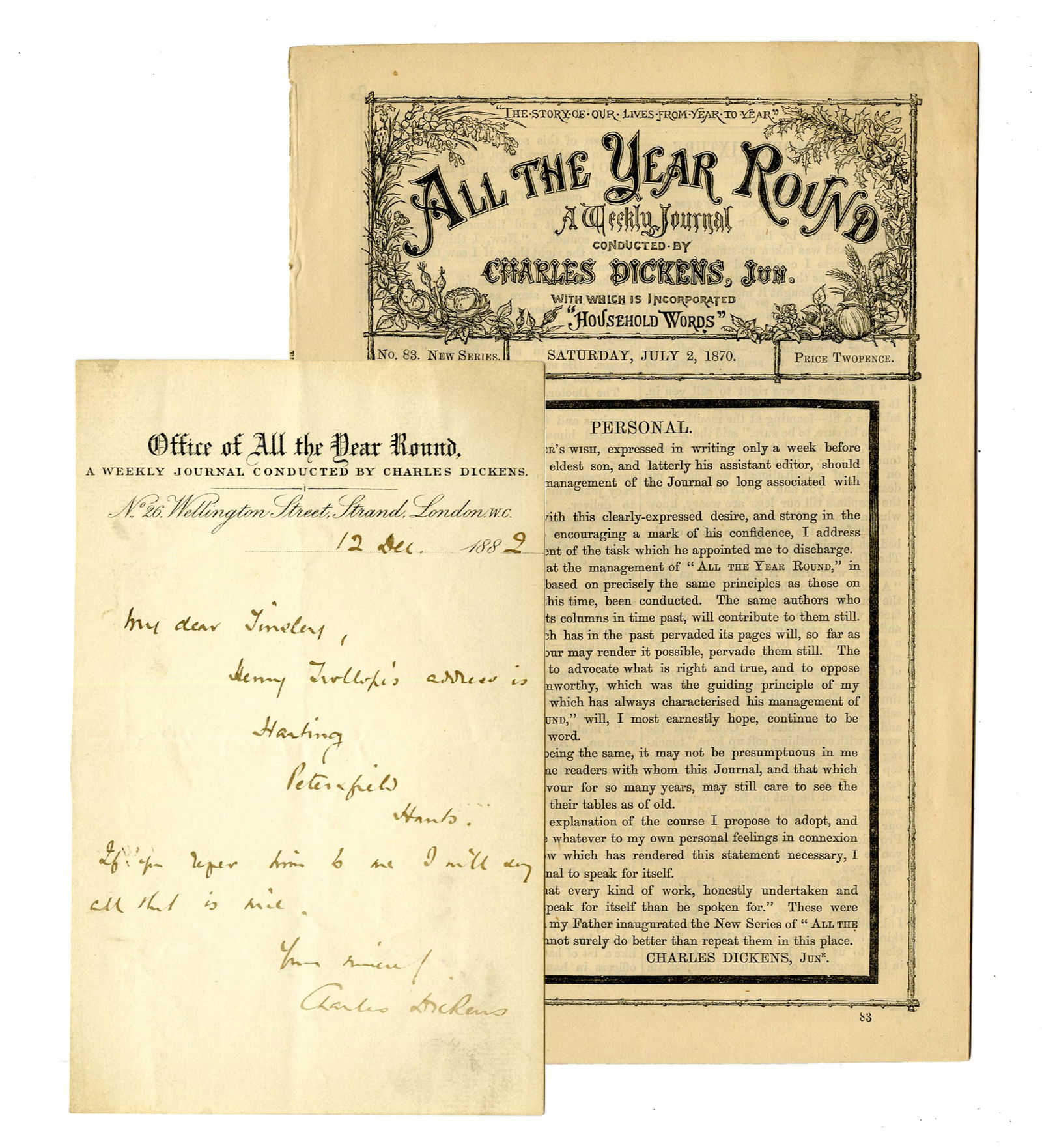 Charles Dickens Jr. ANS with Issue of "All the Year Round" Shortly After Father's Death (1 of 7)