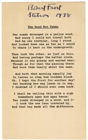 Robert Frost Signed Poem "The Road Not Taken" - His Most Famous!