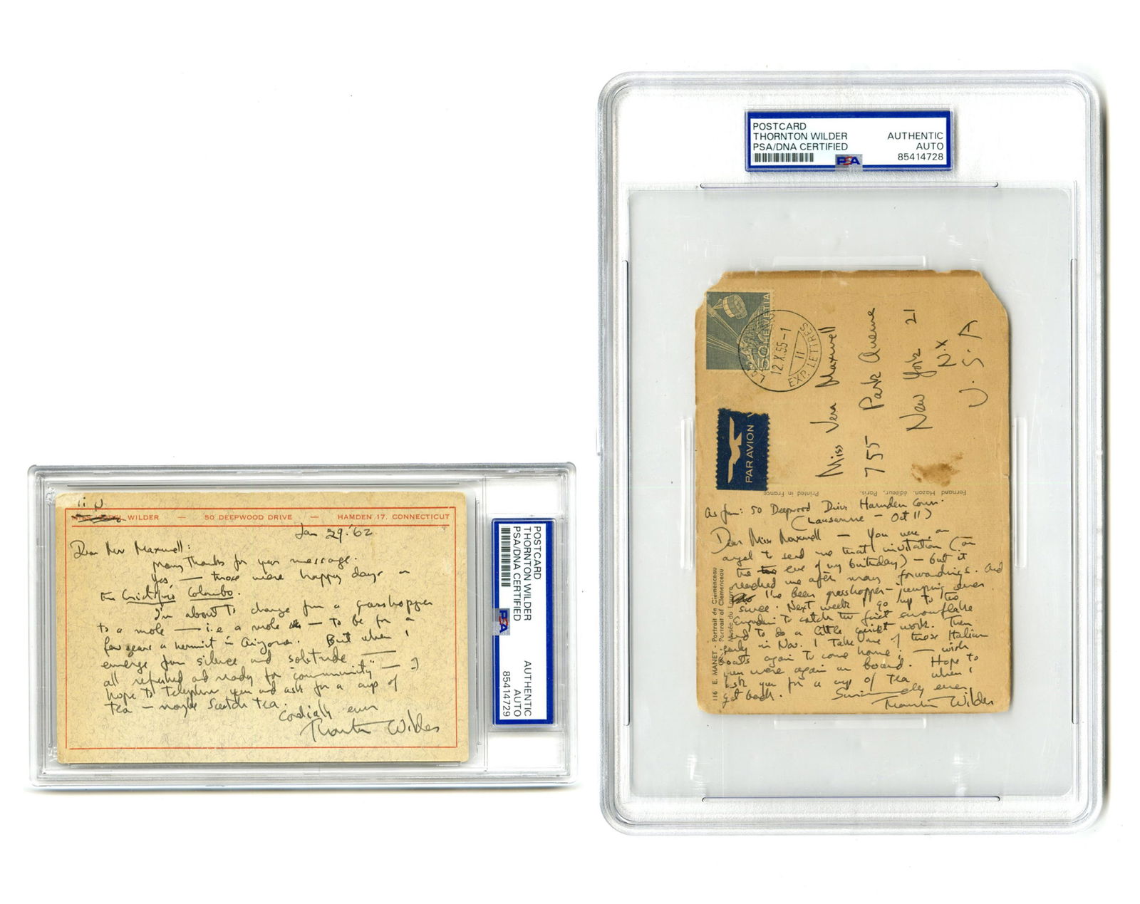 Two Thorton Wilder Autograph Postcards Signed to Designer Vera Maxwell, PSA/DNA Encapsulated: Thornton Wildervarious, ca. October 11, 1955 & January 29, 1962Two Thorton Wilder Autograph Postcards Signed to Designer Vera Maxwell, PSA/DNA EncapsulatedArchiveA pair of signed postcards from playwr