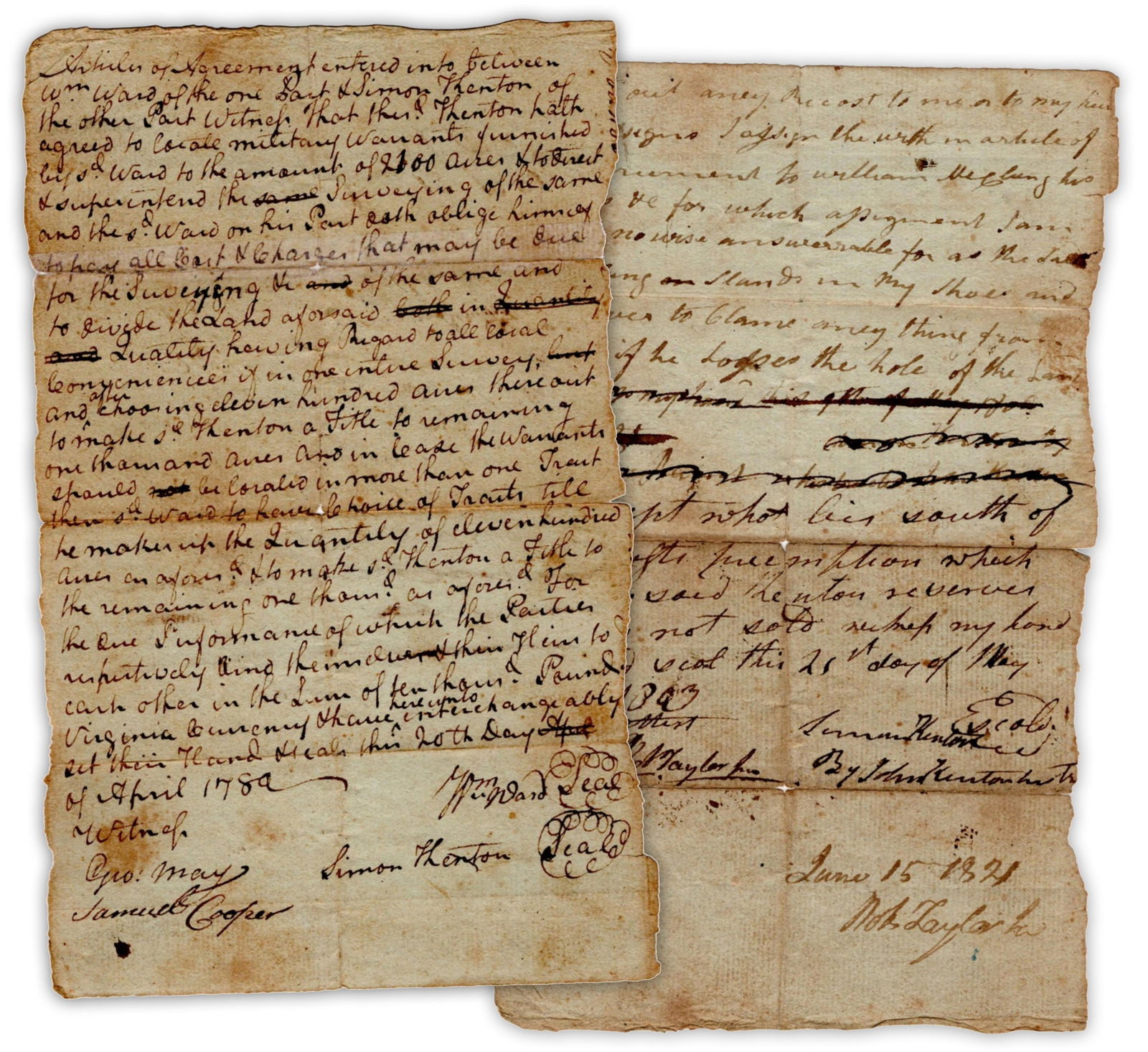 Frontiersman Simon Kenton & Partner William Ward Agree on Locating and Surveying Lands in Kentucky: Simon Kenton[Mason County, KY], April 20, 1789Frontiersman Simon Kenton & Partner William Ward Agree on Locating and Surveying Lands in KentuckyMDSSIMON KENTON and William Ward, manuscript document si