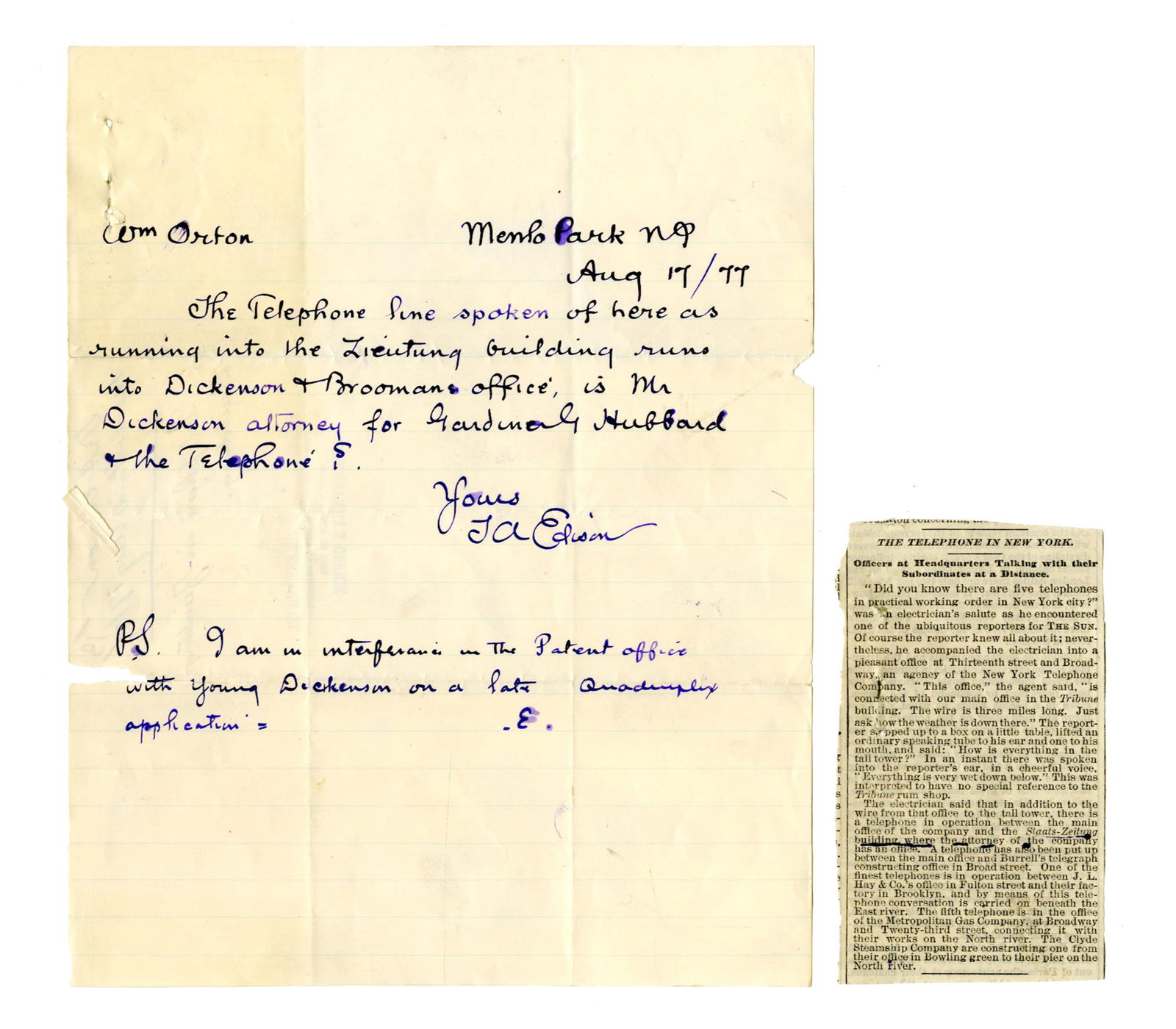 Thomas Edison Twice Signed Letter Re: First NY Telephone Line in Patent Lawyer's Office (1 of 4)