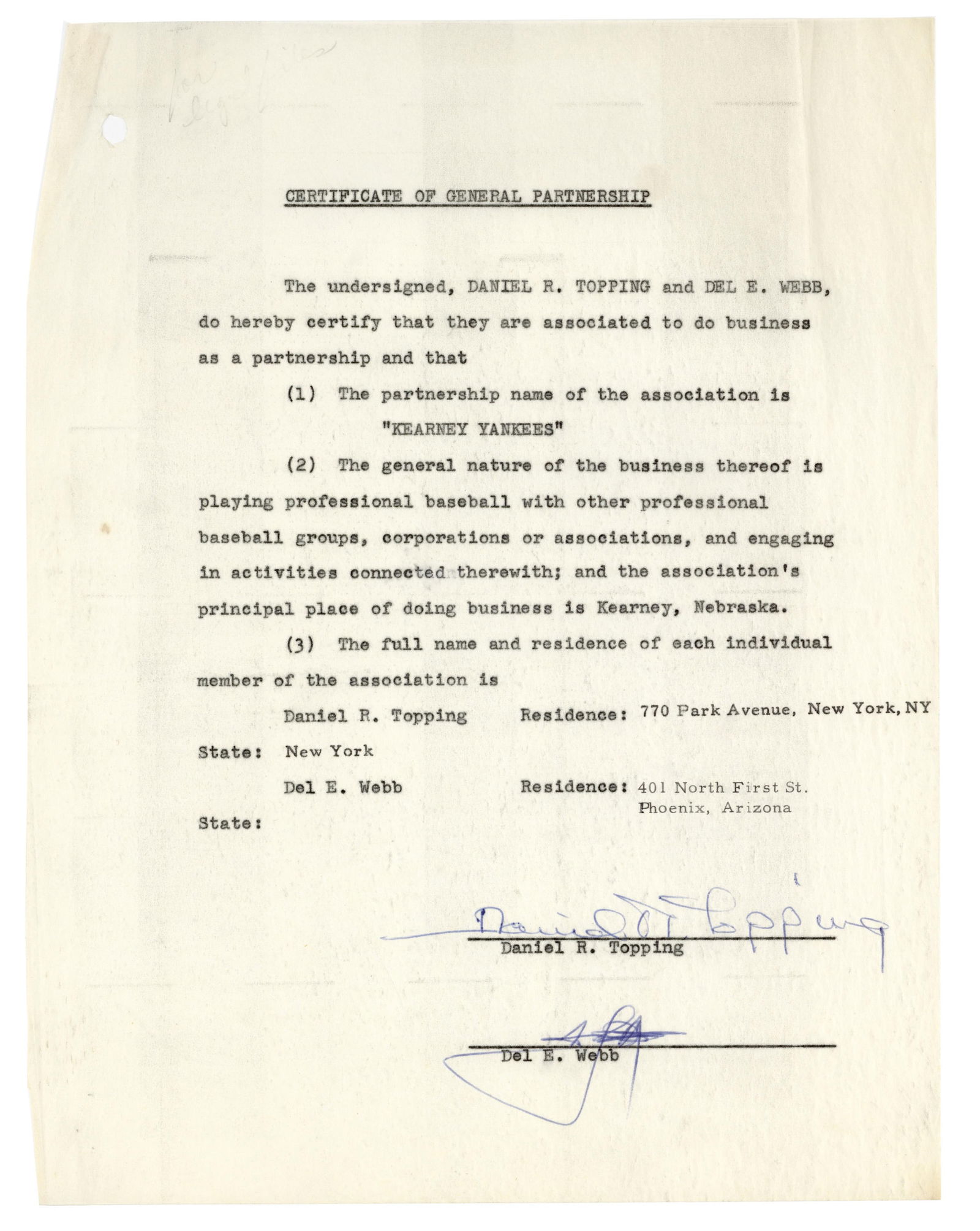 Kearney Yankees Contract - Signed by NY Yankees Owners Webb & Topping (1 of 1)