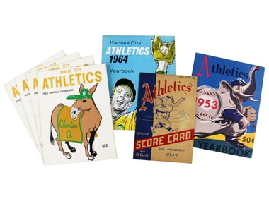 Group of 7 Athletics Baseball Yearbooks & Scorecard, 1940s to 1960s