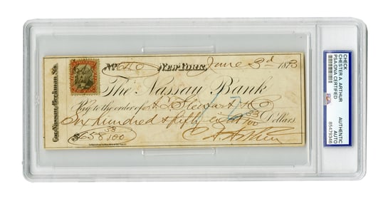 Chester Arthur Boldly Signed & Initialed Check, PSA Encapsulated