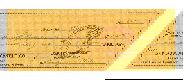 Rosalynn Carter Signed Check for Peanut Farm Expenses!