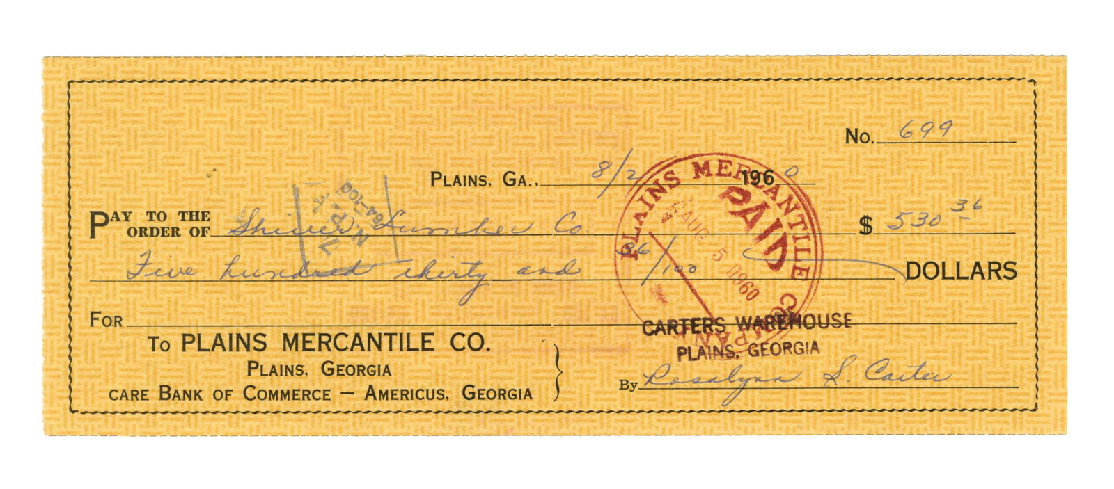 Rosalynn Carter Signed Check for Peanut Farm Expenses! (1 of 2)