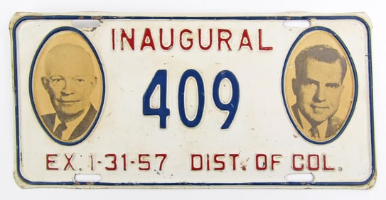 Scarce Eisenhower / Nixon 1957 Official Inauguration License Plate Used By VIP
