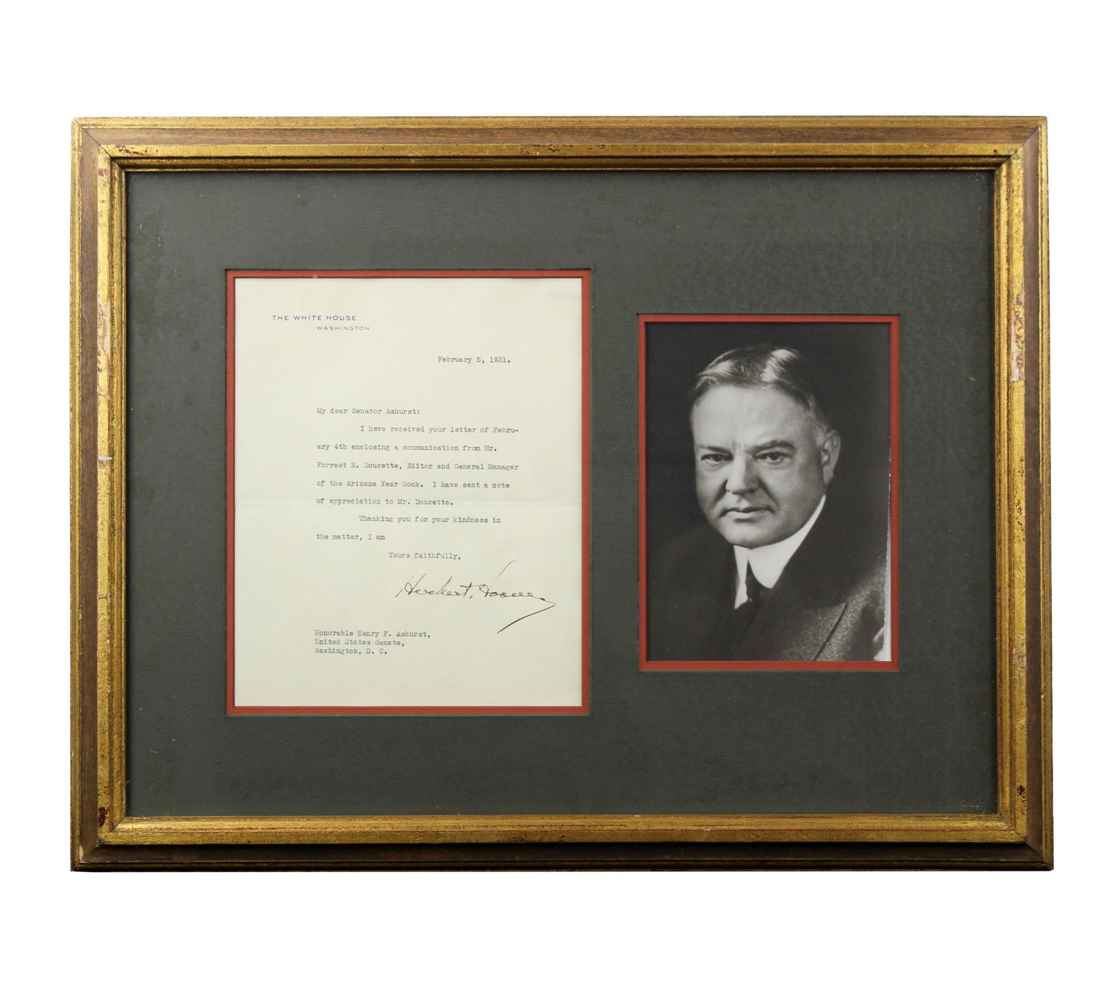 Herbert Hoover TLS to First Arizona Senator (1 of 3)