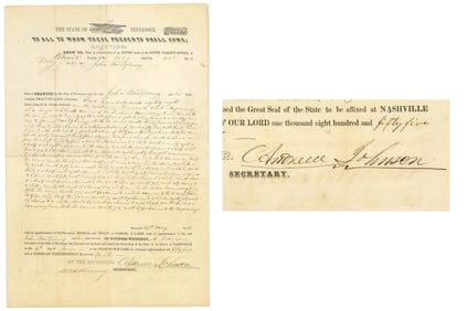 Andrew Johnson Land Grant Signed as Governor, with PSA Certificate