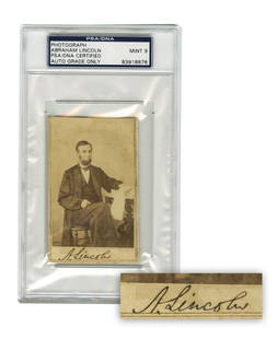 Monumental Abraham Lincoln PSA MINT 9 Signed Carte de Visite by Gardner, ca. 1863: Abraham Lincoln[Washington, DC], [August 9, 1863]Monumental Abraham Lincoln PSA MINT 9 Signed Carte de Visite by Gardner, ca. 1863Signed photographA sepia-toned carte de visite boldly signed along the