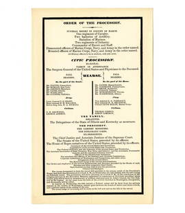 Lincoln Assassination: Rare Original Funeral Procession Broadside: Abraham LincolnWashington, DC, April 19, 1865Lincoln Assassination: Rare Original Funeral Procession BroadsideBroadsideA black-bordered broadside detailing the official &quot;Order of the Procession&q