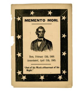 Abraham Lincoln Memento Mori Woodcut Print: Abraham Lincolnn.p., ca. 1865Abraham Lincoln Memento Mori Woodcut PrintBroadsideA scarce woodcut broadside with a portrait of Lincoln at middle, within a mourning border studded with 13 stars. Measuri