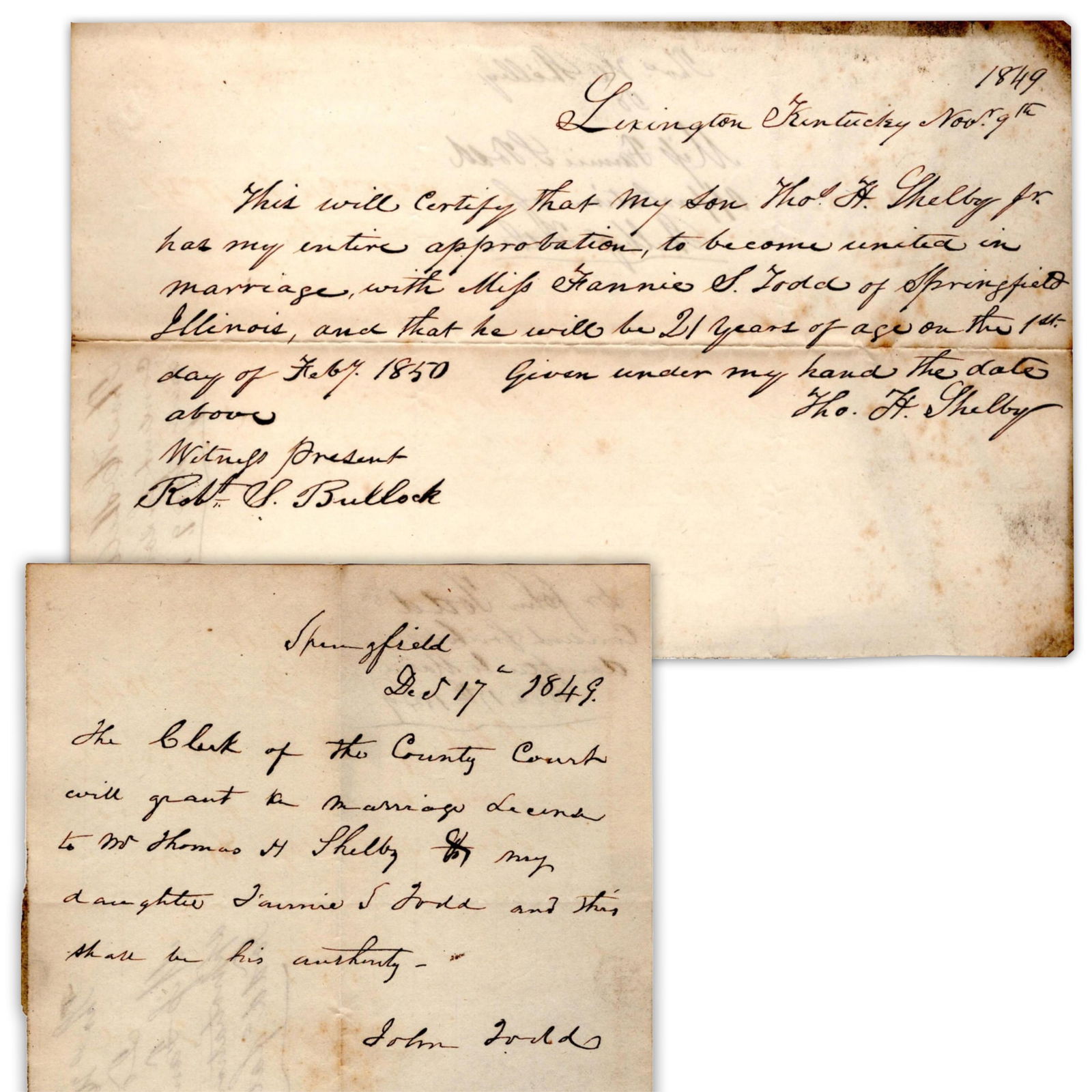 Permissions for Mary Lincoln’s Cousin to Marry, Signed by Her Uncle (1 of 3)