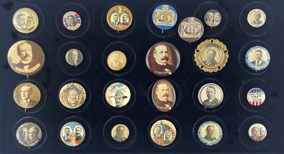 25 Political Campaign Buttons: Roosevelt, Taft, McKinley, Wilson & More: U.S. Presidentsvarious, various25 Political Campaign Buttons: Roosevelt, Taft, McKinley, Wilson & MorePins/ButtonsA fine group of 25 pins from the Roosevelt, Taft, and Wilson campaigns, plus others, m