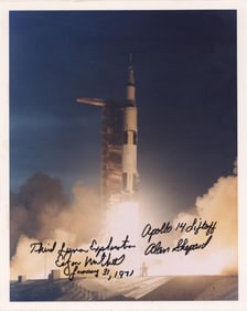 Alan Shepard & Edgar Mitchell Apollo 14 Lift-Off Photo - Dramatic Image with Inscriptions