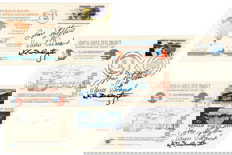 Apollo-Soyuz Commemorative Cover Group, Signed by Apollo Crew: Apollo-Soyuzvarious, variousApollo-Soyuz Commemorative Cover Group, Signed by Apollo CrewSigned coverThree postal covers honoring the Apollo-Soyuz Test Project launch on July 15, 1964, signed by the A
