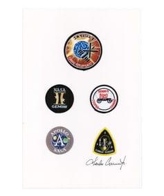 Charles Conrad: 5 NASA Patches Mounted to Signed Board