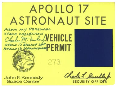 Charlie Duke's Signed Apollo 17 Launch Parking Permit From His Personal Collection!