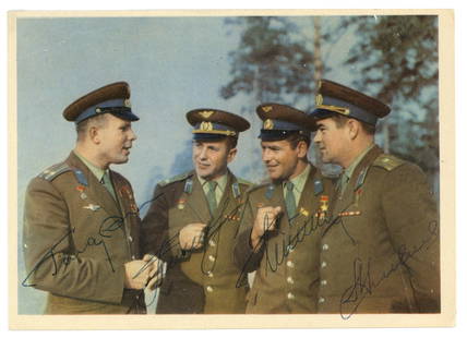 First Four Cosmonauts Signed Photo - Gagarin, Titov, Nikolaev & Popovich: CosmonautsSoviet Union, ca. 1960sFirst Four Cosmonauts Signed Photo - Gagarin, Titov, Nikolaev & PopovichSigned photographA great signed printed postcard image of pioneering cosmonauts, talking togeth