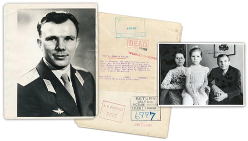 Unusual Yuri Gagarin Signed Family Photo, With Bonus Press Photo Used For March 1968 Death