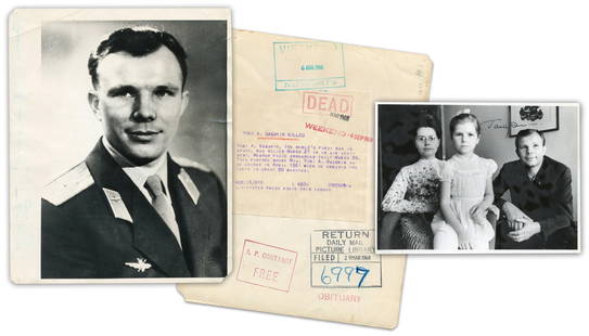 Unusual Yuri Gagarin Signed Family Photo, With Bonus Press Photo Used For March 1968 Death: Yuri Gagarinn.p., n.d.Unusual Yuri Gagarin Signed Family Photo, With Bonus Press Photo Used For March 1968 Death AnnouncementSPTwo vintage photographs of Soviet cosmonaut Yuri Gagarin (1934-1968), inc