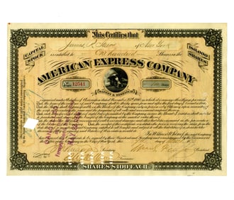 William G. Fargo Signed 1873 American Express Company Stock Certificate
