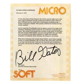 Bill Gates Autograph Signature on "Open Letter to Hobbyists" Souvenir Printing