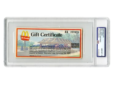 Ray Kroc Signed Sought-After McDonald's Gift Certificate, PSA Graded GEM MT 10
