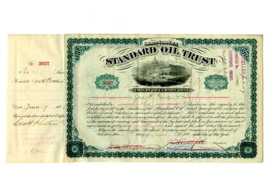 John D. Rockefeller & Henry Flagler Signed Green Standard Oil Trust Stock Certificate