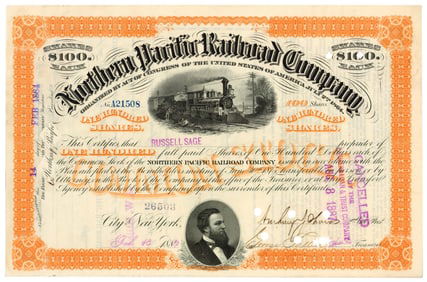 Russell Sage Signed Stock Certificate for Northern Pacific Railroad, 1875