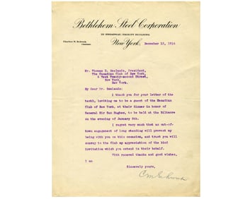 Early Charles Schwab Signed Letter on Steel Corp. Letterhead!