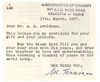 Mother Teresa Sends a Prayer: "May the Risen Lord fill you and your dear ones with His peace..."