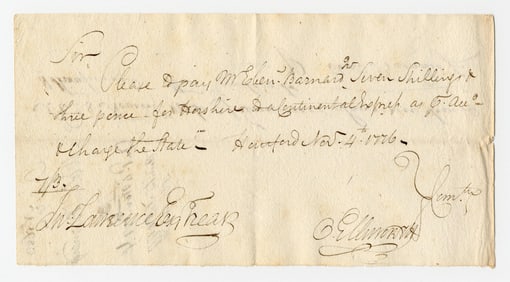 1776 Oliver Ellsworth Signed Pay Order for Continental Express "Hors[e] Hire"
