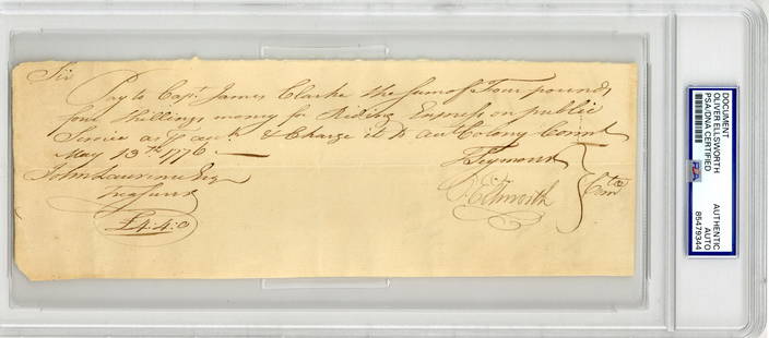 Oliver Ellsworth Signed Pay Order, May 13, 1776, PSA Authenticated: Oliver Ellsworthn.p., May 13, 1776Oliver Ellsworth Signed Pay Order, May 13, 1776, PSA AuthenticatedMDSA manuscript document signed by Oliver Ellsworth as &#8220;O. Ellsworth&#8221;, May 13, 1776. A p