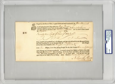 John Hancock Penned and Signed Ship Receipt, PSA/DNA Graded MINT 9