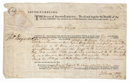 Founding Father Thomas Heyward Signed Arrest Warrant, 1788
