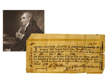 Francis Hopkinson Signed $1000 Bond Certificate, Dated 1780