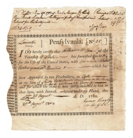 Pennsylvania Receipt for Horse Taken for Continental Army in 1780
