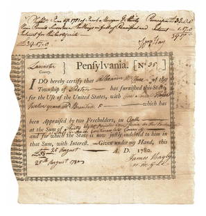 Pennsylvania Receipt for Horse Taken for Continental Army in 1780: Revolutionary WarPhiladelphia, PA, August 25, 1780Pennsylvania Receipt for Horse Taken for Continental Army in 1780Partially Printed DSPartially Printed Document Signed, &quot;James Bayly,&quot; as wa