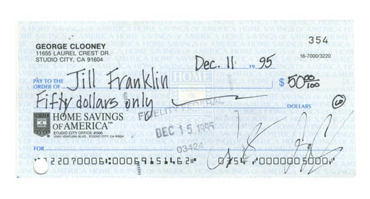 George Clooney Signed Check at Breakthrough Point in Career