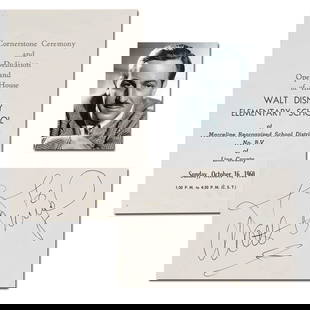 Walt Disney Boldly Signed Program for Dedication of Elementary School in his Name, Huge Signature!: Walt Disneyn.p., ca. 1960Walt Disney Boldly Signed Program for Dedication of Elementary School in his Name, Huge Signature!Signed Menu/ProgramWalt Disney (1901-1966). A printed program for the dedicat